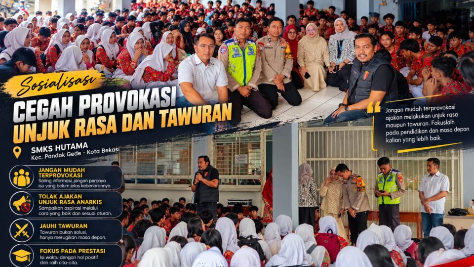 POLSEK PONDOK GEDE GELAR SOSIALISASI KAMTIBMAS DI SMKS HUTAMA, AJAK PELAJAR TOLAK PROVOKASI UNJUK RASA DAN TAWURAN